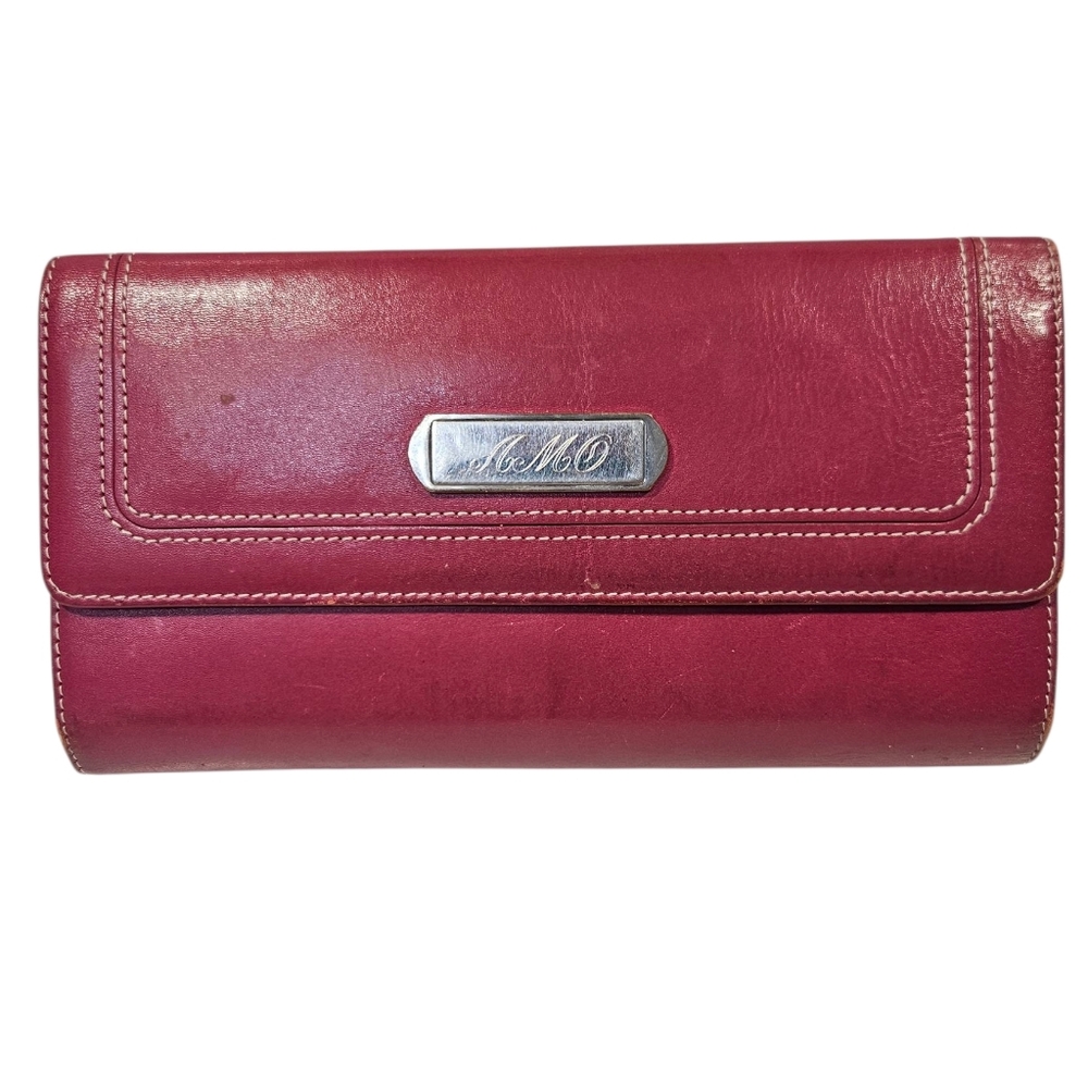 AMO Genuine Leather Wallet Clutch – Deep Berry Red, Snap & Zip, ID Window